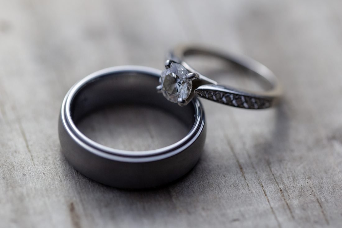 A bride and grooms wedding rings together.